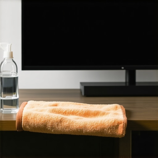 Microfiber cloth and distilled water spray for cleaning professional home theater displays