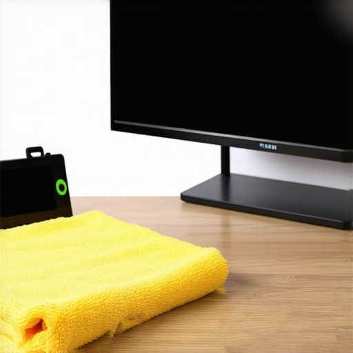 Essential Maintenance Tools for High End TVs Digital level and microfiber cloth used for maintaining a home theater display.