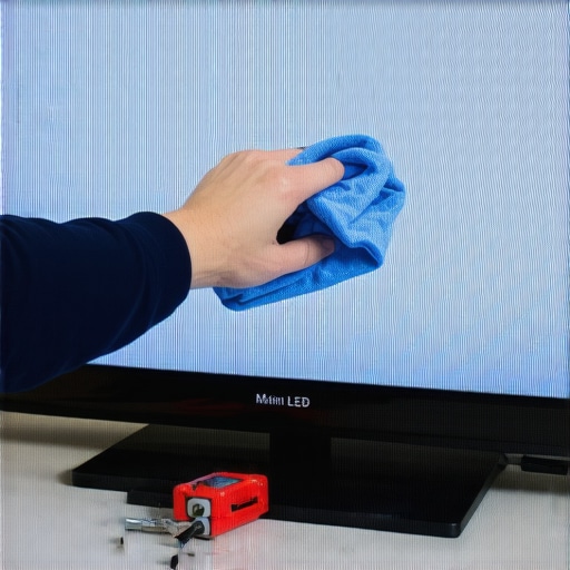 A person carefully cleaning a Mini LED screen with a microfiber cloth as part of a regular maintenance routine.