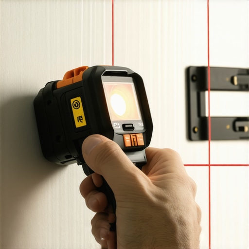 A magnetic stud finder and laser level being used for precise TV mounting.