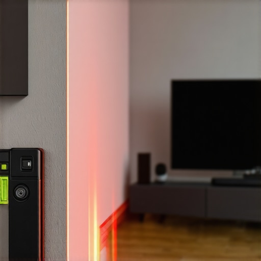 Magnetic stud finder and laser level being used for mounting a TV