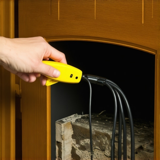 Step-by-step cable fishing through a wooden mantel with tools