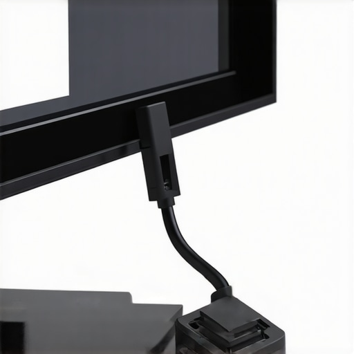 Close-up of an HDMI cable bending at a sharp angle behind a wall-mounted TV