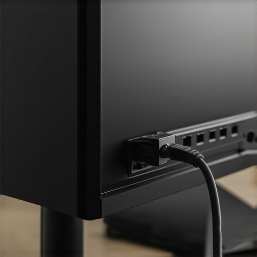 Hardwiring an 8K TV for stable streaming A hand plugging a blue Cat6 Ethernet cable into the back of a slim 8K television port.