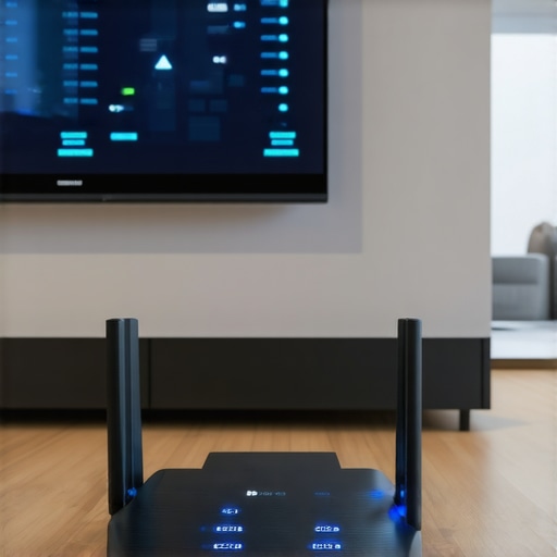 High Speed 8K TV Connectivity Setup An 8K TV showing a network speed test and a modern router.