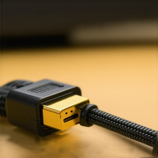 A close-up of an Ultra High Speed HDMI cable being plugged into a 4K TV port.