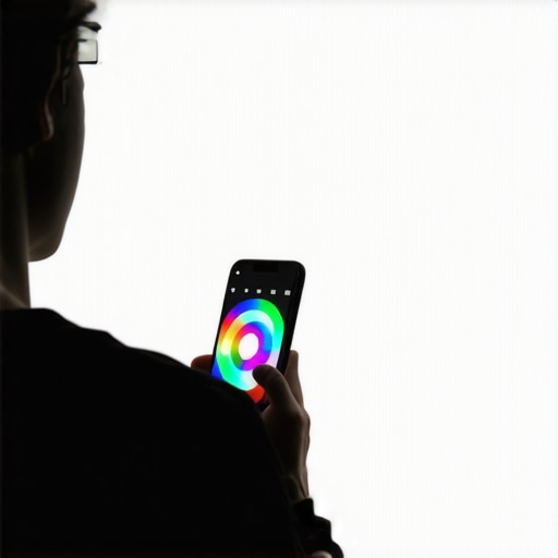 A person holding a smartphone up to a large television screen to perform a color calibration.