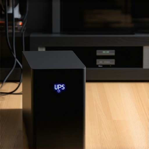 A black UPS unit providing stable power to a home theater system to prevent screen flickering.