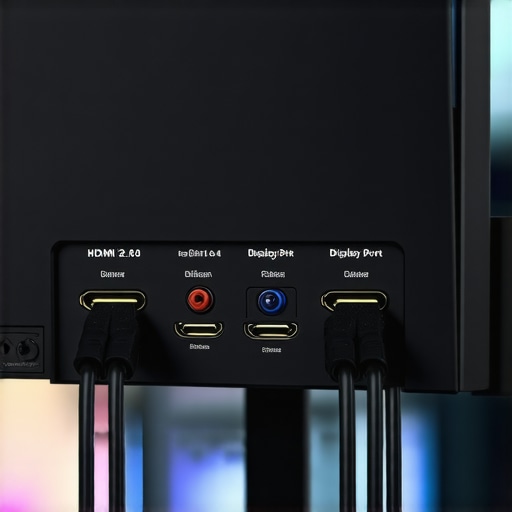 A close-up of HDMI and DisplayPort inputs on the back of a gaming monitor.