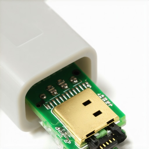 Inside the Chipset of an Active HDMI Cable Close up of a disassembled HDMI cable connector showing the internal signal boosting circuit board.