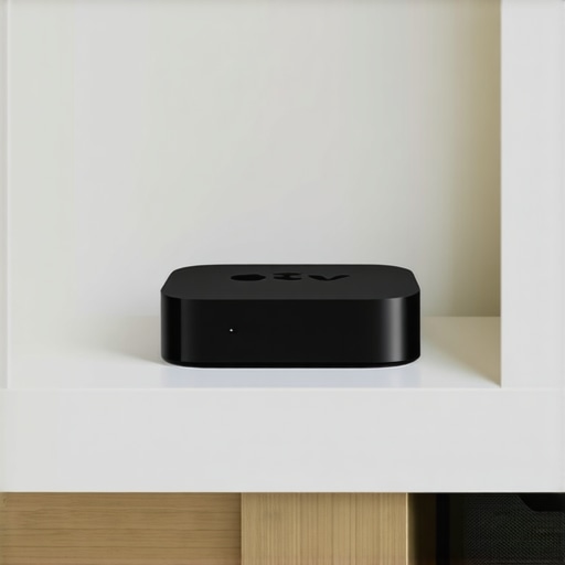 Close up of a recessed wall box containing a streaming device and managed cables behind a TV.