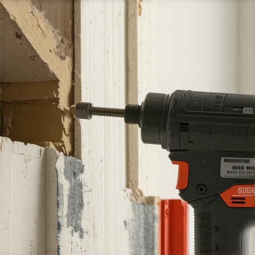 Close-up of a structural screw entering a lath and plaster wall with a magnetic stud finder used for precision.