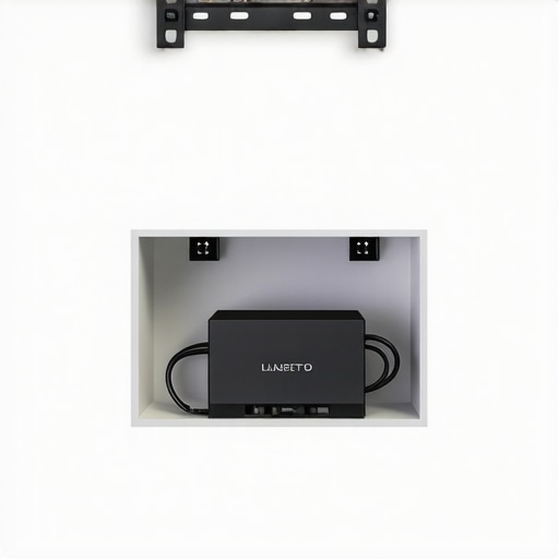Installing a recessed media box for a TV power supply A recessed media box in a drywall holding a TV power brick and cables.