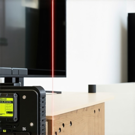 Laser Level Alignment for TV Mounts A professional laser level being used to check the alignment of a wall-mounted TV bracket.