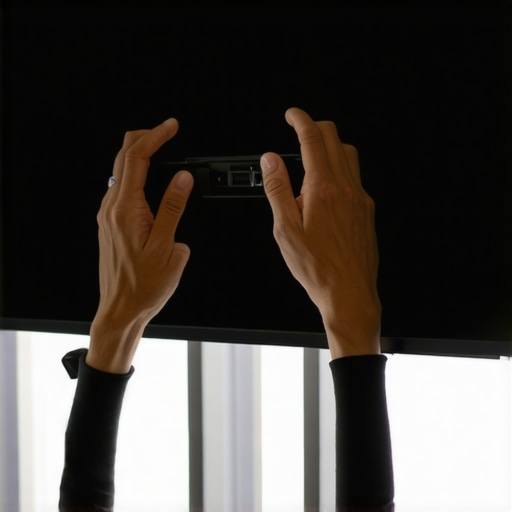 A homeowner using a spirit level to check the alignment of a wall-mounted TV display.
