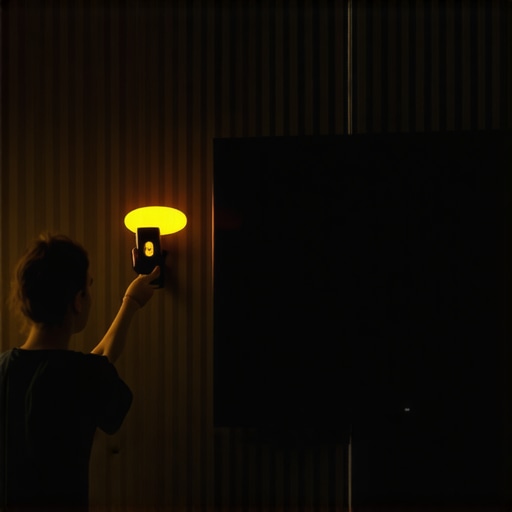 A hand holding a torpedo level against the top of a wall-mounted flat screen TV to check alignment.