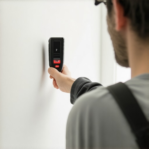 Locating Wall Studs with a Magnetic Finder A person using a magnetic stud finder to locate the center of a wall stud for mounting a television.