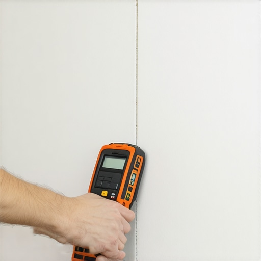 A hand using a stud finder to mark the center of a wall stud for secure TV bracket installation