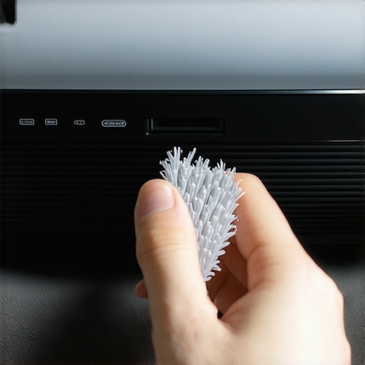A close up of a person using a cleaning brush on a projector lens to remove dust.
