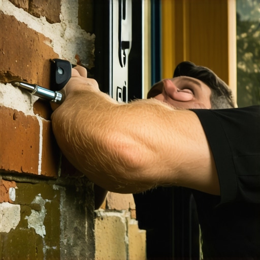 Maintaining a Secure TV Mount Professional tightening of a TV mount on a brick wall.