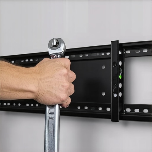 Close up of a hand tightening a TV wall mount bracket with a wrench to prevent sagging.