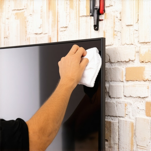 Cleaning an OLED TV mounted on a brick fireplace with a microfiber cloth and level tool.