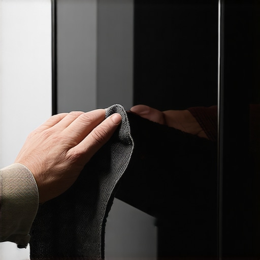 Close up of a person cleaning a premium OLED TV screen with a professional microfiber cloth.