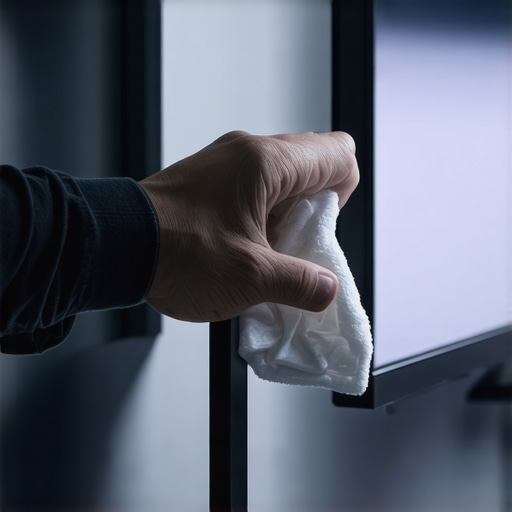 Close-up of cleaning a high-end television screen for maintenance.