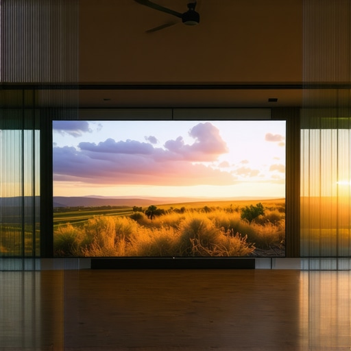 A living room setup showing an OLED TV running bright content with an open window for ventilation to reduce off-gassing smells.
