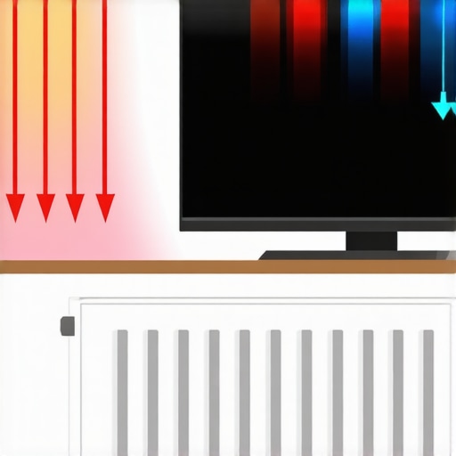 Technical diagram showing the chimney effect and how a shelf redirects heat from a TV