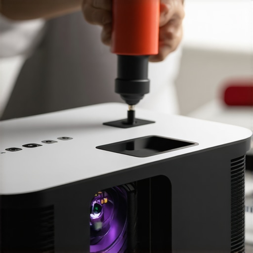 Manual cleaning of internal projector optics Using a manual air blower to remove dust from a projector engine