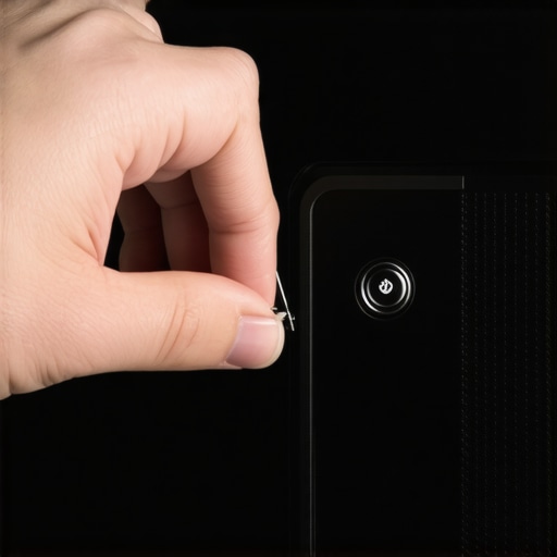 A hand using a paperclip to press the hardware reset button on a projector back panel.