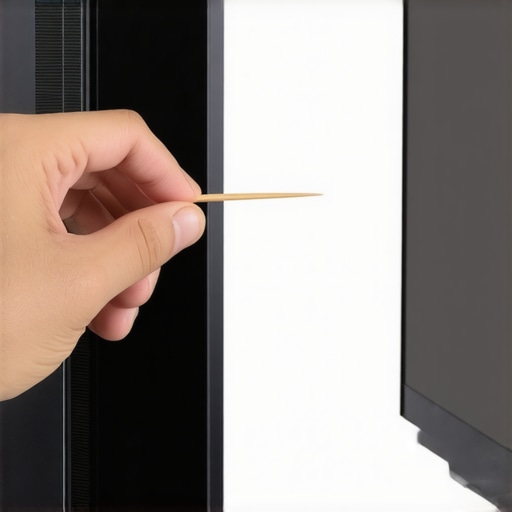 Close-up of a person using a toothpick to measure the depth of a TV mounting hole.
