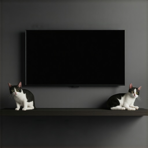 A wall-mounted OLED TV setup designed to prevent cats from jumping onto the screen area.