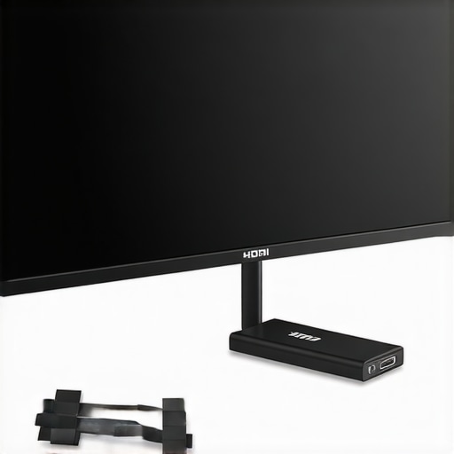 A close-up view of a streaming device mounted behind a TV using an HDMI extender and velcro strips.