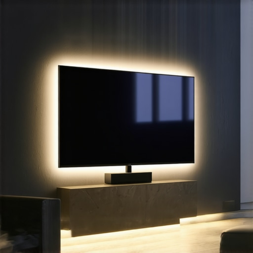 Close up of an OLED TV with bias lighting on a wall to improve perceived contrast and reduce eye strain.