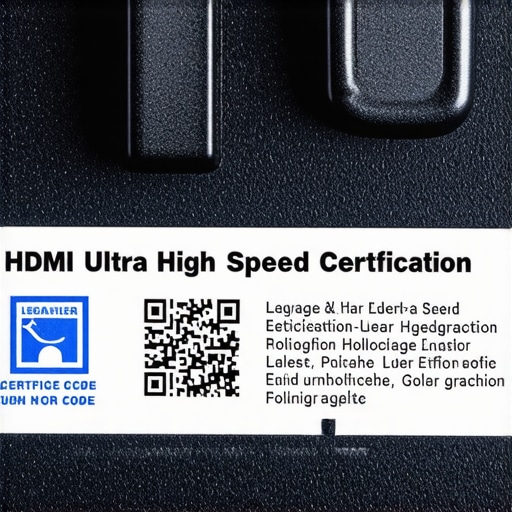 A close-up of a genuine HDMI Ultra High Speed certification label with a holographic seal and QR code for verification.