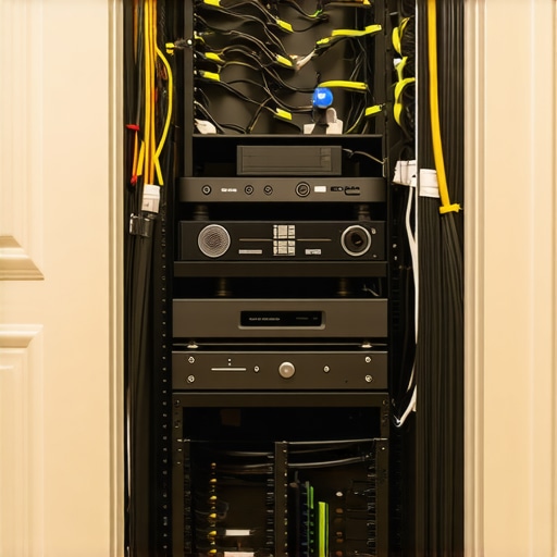 Optimal Home Theater Ventilation and Cable Management A professional home theater setup showing ventilated cabinet and organized cables.