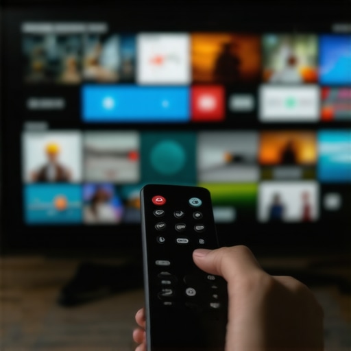 Optimizing Smart TV Remote Response A hand holding a smart TV remote toward a bright display.