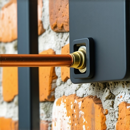 Outdoor TV Mount Grounding Wire Connection Solid copper ground wire connected to a metal outdoor TV wall mount bracket on a brick wall.