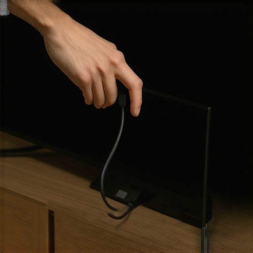 Performing a cold boot on a smart TV Hand unplugging a power cable from the back of a television to reset the system.