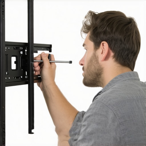 Adjusting a TV wall mount with tools for better alignment.
