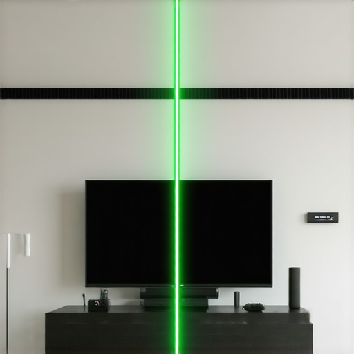 Precision Leveling for Home Theater Displays A green laser level used to check the alignment of a wall-mounted OLED TV.