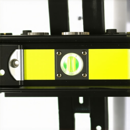 A professional bubble level being used to check the horizontal alignment of a steel TV wall mount during installation.