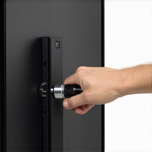 A technician adjusting VESA screws on a TV mount with spacers visible to prevent chassis flex.