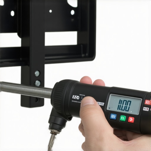 A digital torque wrench tightening a TV mount bolt on a wall