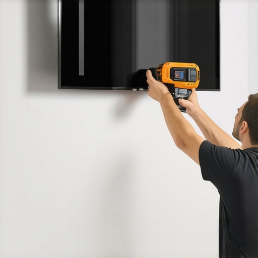 Close up of laser level and stud finder on a modern wall for TV installation