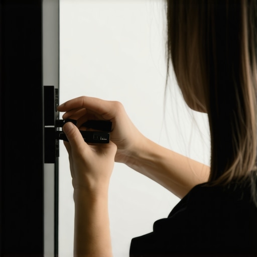 A person organizing HDMI cables behind a wall-mounted TV using Velcro ties