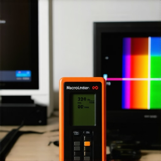 Close-up of a colorimeter on a TV screen with a laser level in the background.