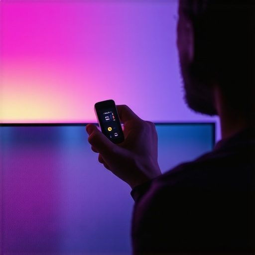Close up of a technician calibrating a home theater screen with a colorimeter tool